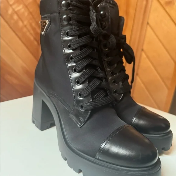Prada Women's Brixxen Black Lace-Up Combat Boots - Picture 12 of 14